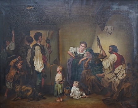 Franz Könemann, German, late 19th century, oil on canvas, Interior scene with figures in regional dress, signed l.l. 'Franz Könemann', 83 x 105 cm, Condition- poor to fair, oil on canvas